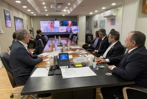 O ministro Eduardo Pazuello (último à direita) e membros do Ministério da Saúde durante reunião por videoconferência com representantes da Pfizer — Foto: Divulgação